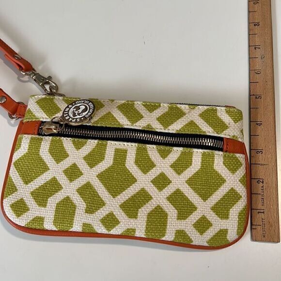 Spartina Daufuskie Island Lime Green Pattern Linen and Leather Zip Wristlet - Picture 6 of 11